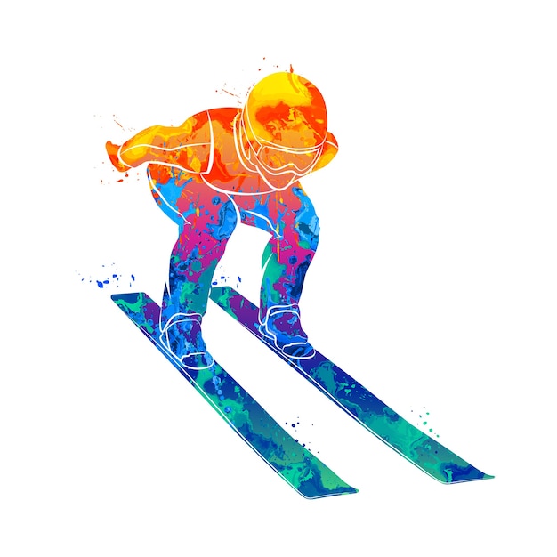 Esquiador de salto abstracto de salpicaduras de acuarelas. Ilustración de pinturas.