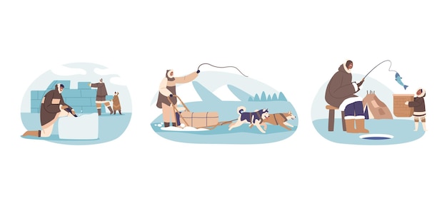 Los esquimales o los inuit viven en el ártico dependiendo de la pesca en el hielo, la caza y los personajes de vida comunitaria que montan trineos tirados por perros y construyen iglús que se adaptan a climas hostiles ilustración vectorial de dibujos animados