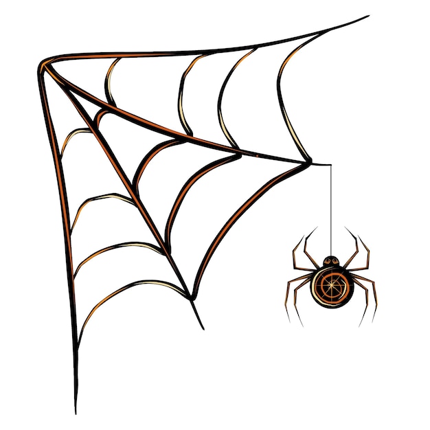 Esquina de telaraña de Halloween con una araña negra colgante