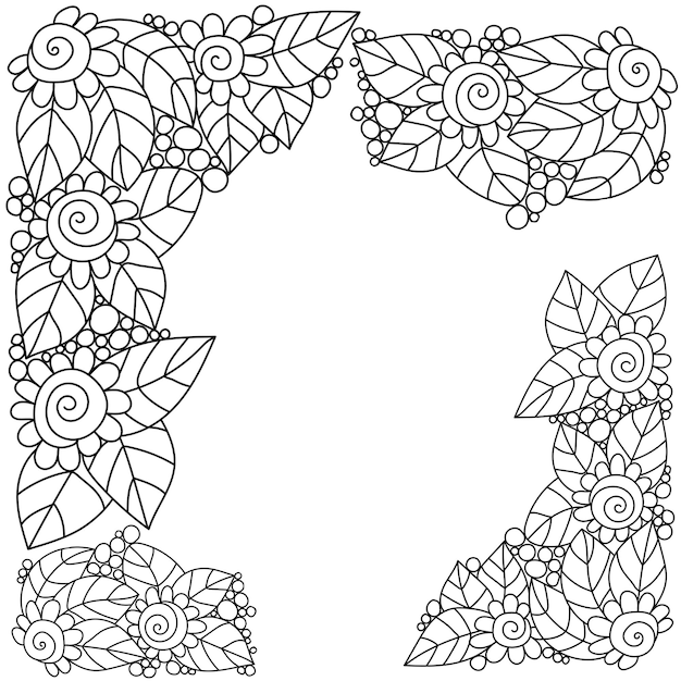 Esquinas decorativas de contorno doodle flores y hojas para colorear página antiestrés