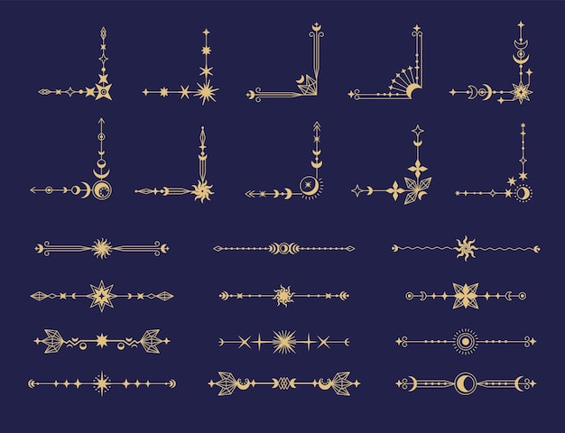 Las esquinas del marco mágico Las cartas del Tarot Abstracto Boho Místico Elementos decorativos para el borde de las cartas Brujería vintage Enmarcamiento astrología Constelación celeste Fronteras Conjunto vectorial