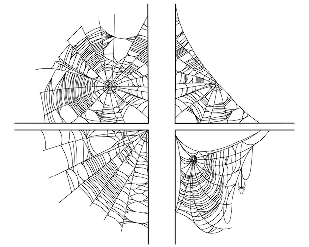 Esquinas de telaraña aisladas sobre fondo blanco Decoración de contorno de telaraña aterradora Elementos de diseño vectorial para Halloween fantasma de terror o invitación de fiesta de monstruos y carteles