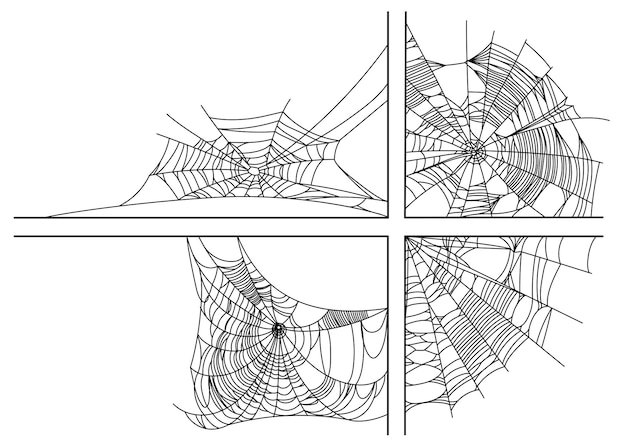 Esquinas de telaraña aisladas sobre fondo blanco Decoración de contorno de telaraña aterradora Elementos de diseño vectorial para Halloween fantasma de terror o invitación de fiesta de monstruos y carteles