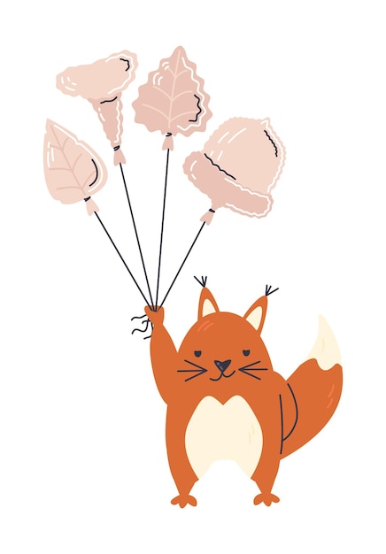 Esquirol sosteniendo globos de elementos relacionados con la caída Diseño de animales bebés de roedores de bosque peludos adorables