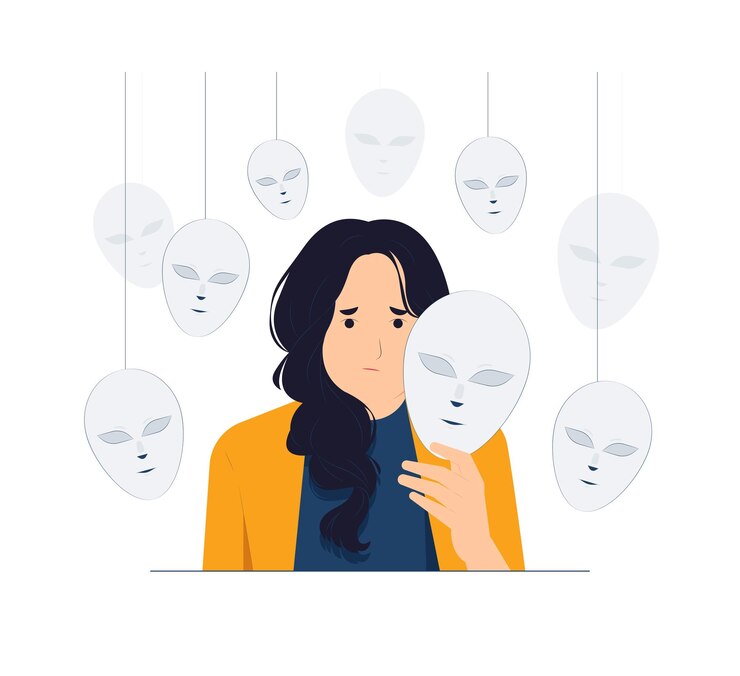 Vector esquizofrenia estrés postraumático trastorno mental hipocresía teatro de la vida una niña rodeada de varias máscaras mirando fijamente la ilustración del concepto de cámara