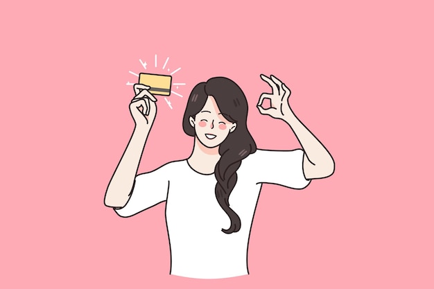 Estabilidad financiera y concepto de tarjeta de crédito Joven mujer asiática sonriente sosteniendo una tarjeta de crédito dorada en la mano levantada mostrando un gesto de signo ok con la ilustración del vector de la mano