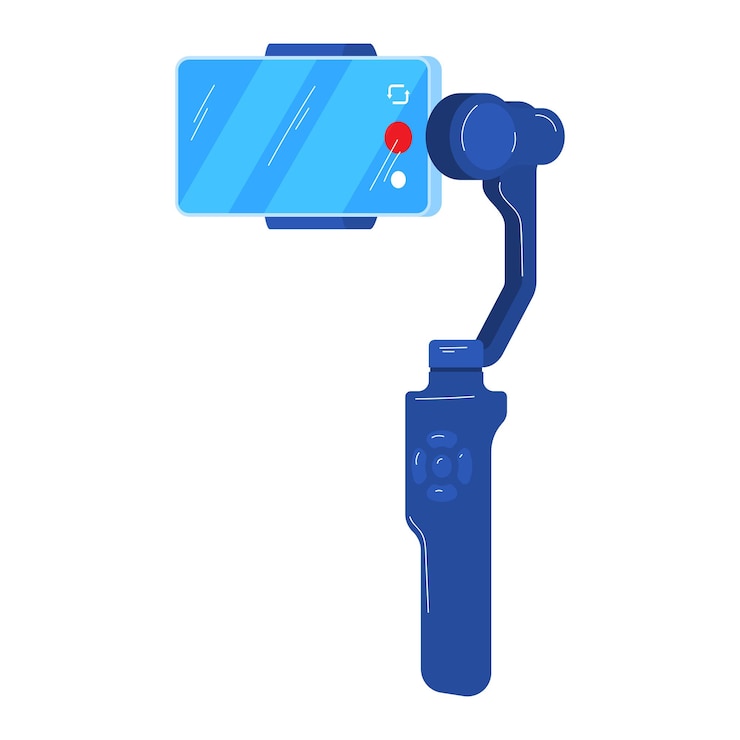 Vector estabilizador gimbal azul con equipo de cámara de ilustración vectorial de teléfonos inteligentes y videografía moderna