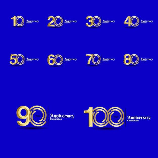 Establecer 10, 20, 30, 40, 50, 60, 70, 80, 90, 100 Diseño de celebración de aniversario sobre fondo azul real de lujo. Ilustración festiva vectorial. Decoración de eventos de cumpleaños o bodas.