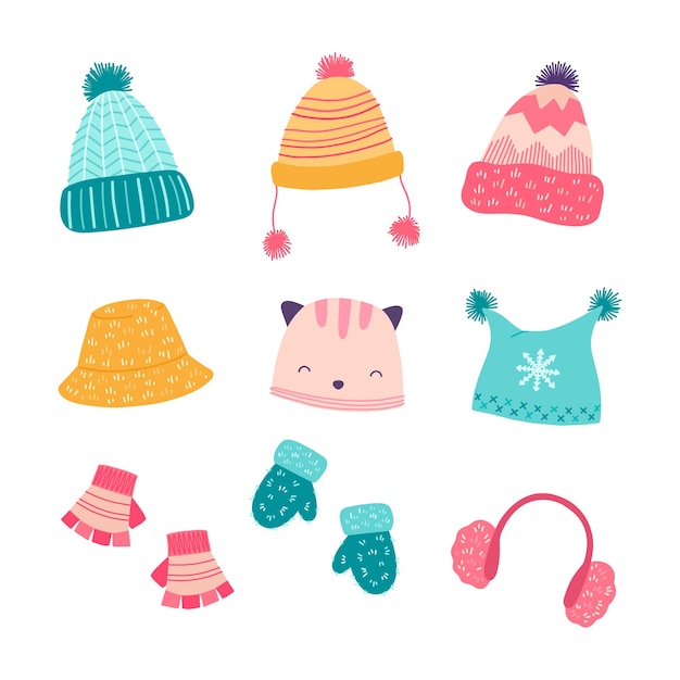 Vector establecer accesorios de invierno, sombreros, guantes. ilustración de dibujos animados.