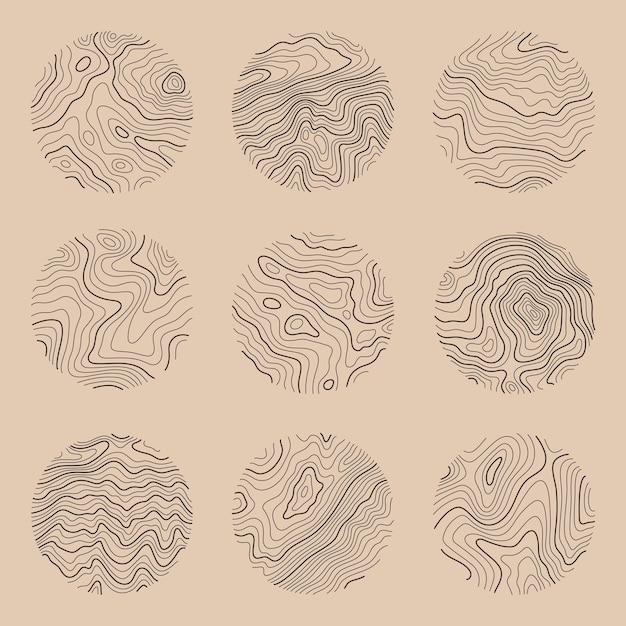 Establecer anillos de mapa de línea topográfica Anillos de madera círculo de línea vectorial de mapa de topografía Patrón de contorno para plantillas de logotipo al aire libre Contornos de conceptos de árbol para logotipo de expedición