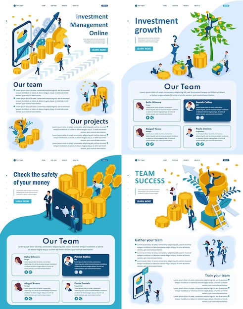 Establecer aplicación de página de destino Concepto isométrico sobre inversiones crecimiento equipo éxito seguridad dinero
