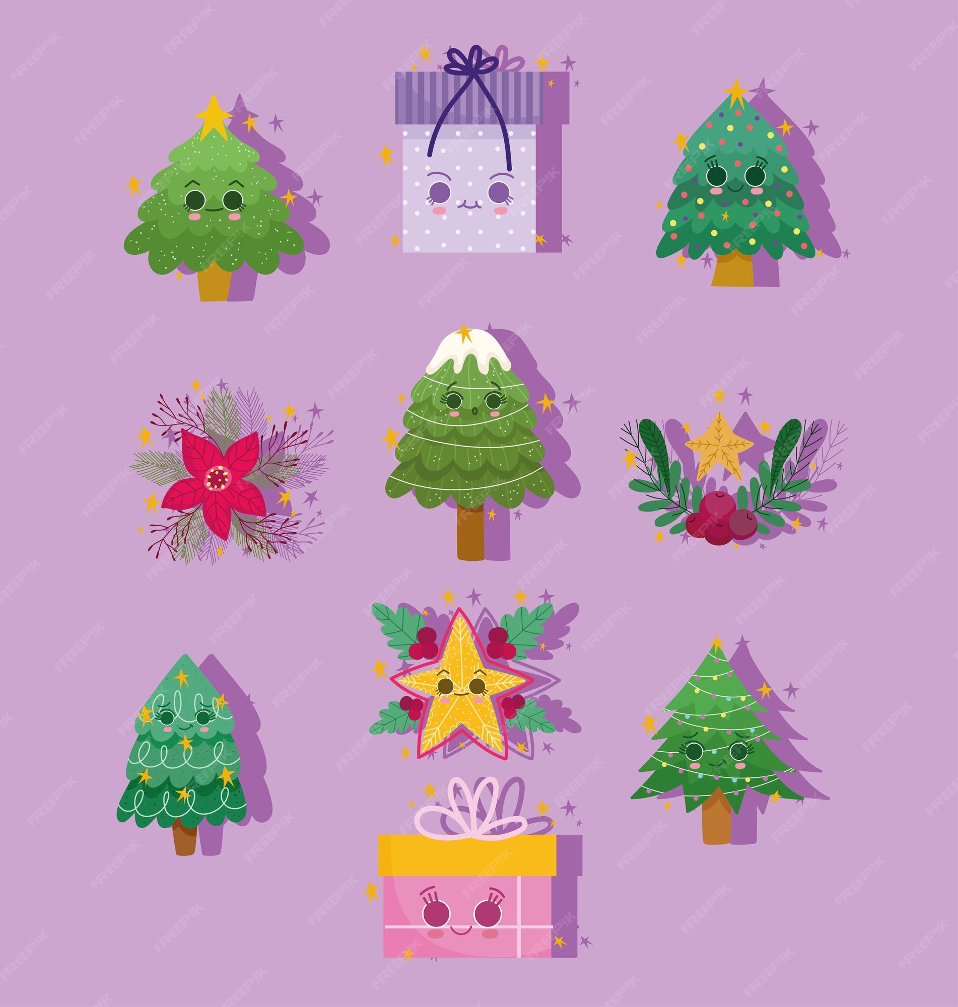 Establecer árboles de navidad kawaii | Vector Premium