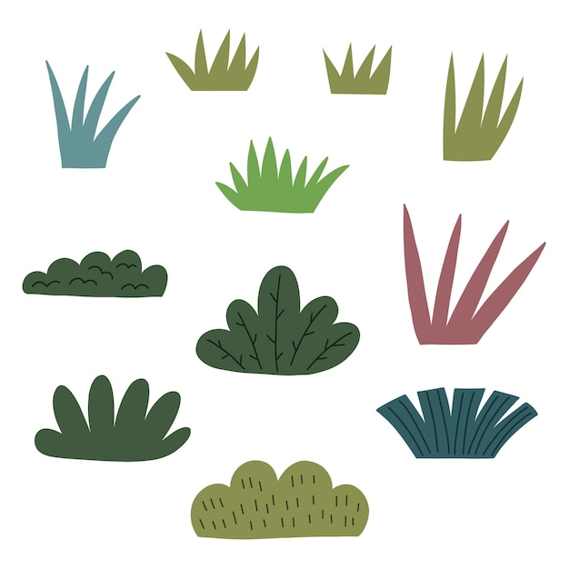 Establecer arbustos de hierbas del bosque. elementos dibujados a mano del clipart de la hierba del bosque en la ilustración del arte ingenuo del vector