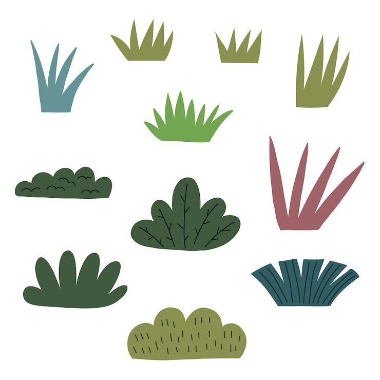 Vector establecer arbustos de hierbas del bosque. elementos dibujados a mano del clipart de la hierba del bosque en la ilustración del arte ingenuo del vector