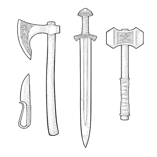 Establecer armas de filo vikingo Cuchillo hacha espada y martillo con runas Vintage vector negro grabado ilustración Aislado sobre fondo blanco Elemento de diseño dibujado a mano para cartel etiqueta tatuaje