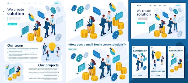 Establecer artículo de plantilla Diseño de aplicación de página de destino Concepto de negocio isométrico de trabajo en equipo para crear una solución