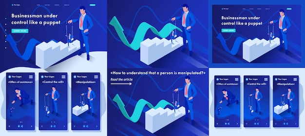 Establecer artículo de plantilla diseño de aplicación de página de destino isométrico el hombre de negocios está bajo control como un títere