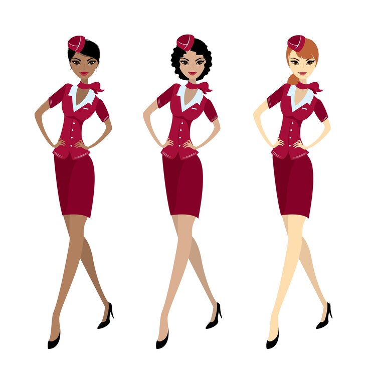 Vector establecer azafata en uniforme aislado en la ilustración de vector de stock blanco
