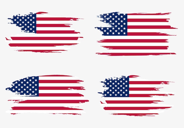 Establecer banderas americanas Banderas de Estados Unidos pintadas con pincel Efecto de textura grunge y acuarela