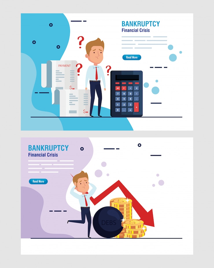 Vector establecer banners quiebra crisis financiera e iconos