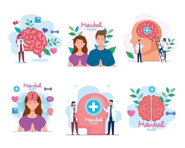 Vector establecer banners de salud mental con iconos