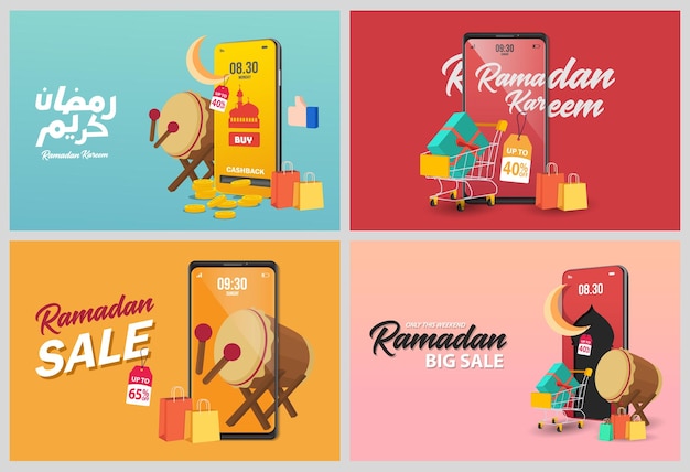 Establecer banners de venta de Ramadán setdiscount y mejor etiqueta de oferta o conjunto de pegatinas con motivo del Ramadán