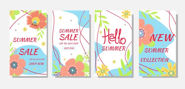 Establecer banners de venta de verano flores de verano y forma abstracta