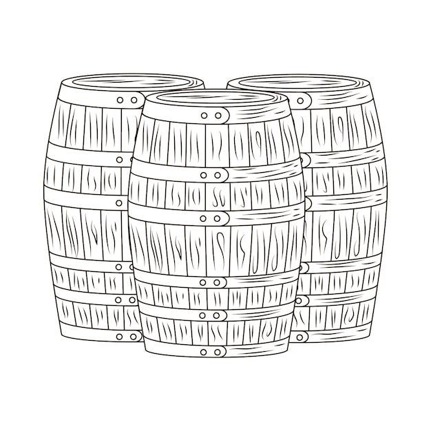 Establecer barril aislado sobre fondo blanco. Barril de madera en estilo grabado. Contorno negro de dibujo vintage de cerca. Diseño de ilustración vectorial.