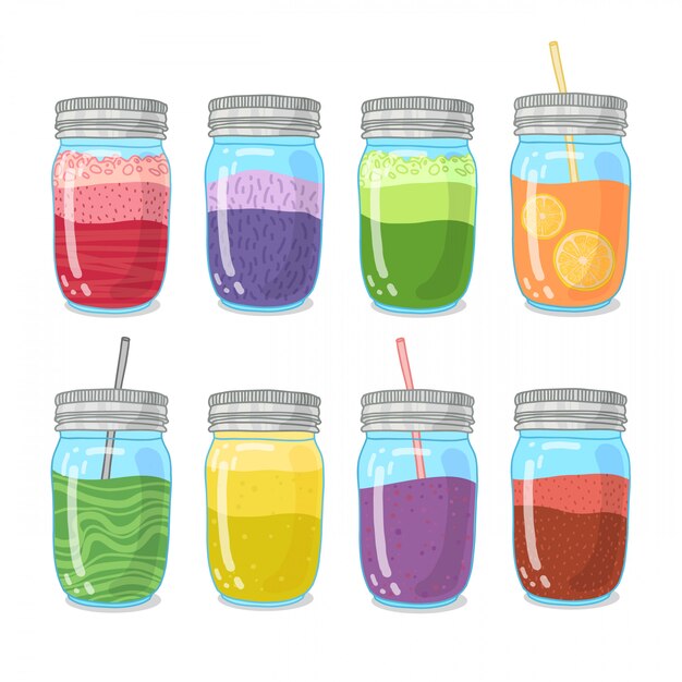 Establecer batidos con diferentes ingredientes. Bar de batidos. La colección de bebidas saludables. Batido vegetariano en frascos de vidrio. Bayas, semillas, verduras, cócteles de frutas. Bebidas para desintoxicación y dieta saludable.
