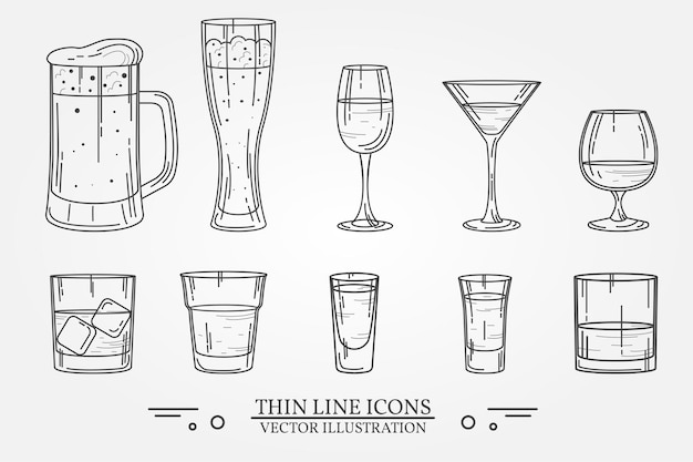 Establecer beber vaso de alcohol para cerveza whisky vino tequila coñac champán ilustración vectorial