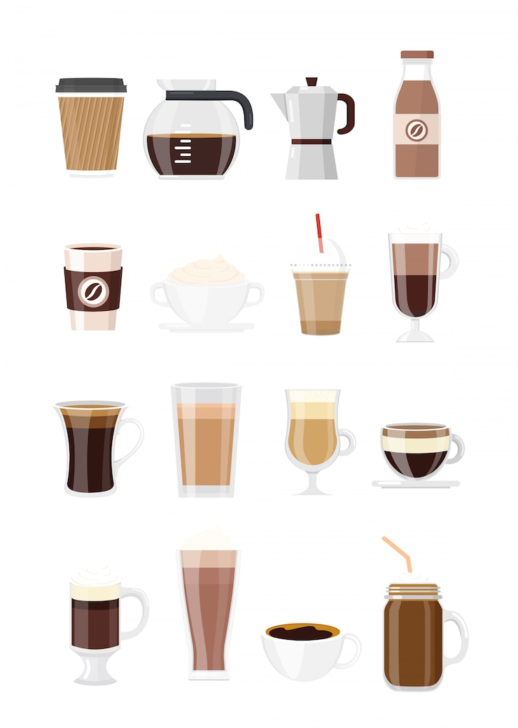 Vector establecer bebidas de café. tipos de café aislado sobre fondo blanco en estilo plano. cafetera, chocolate, espresso, macchiato, cacao y frappe, americano, café con leche y capuchino.