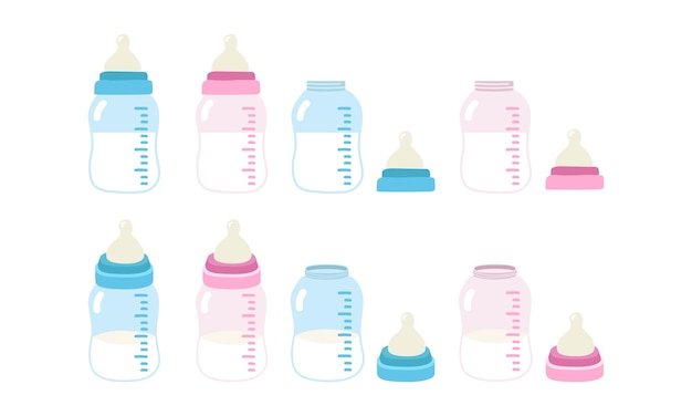 Establecer biberón azul y rosa y imágenes prediseñadas de pezón. Biberones para niños, dibujos animados de vector plano de niñas