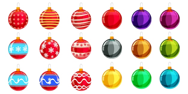 Vector establecer bolas de navidad de diferentes colores conjunto de decoraciones de estilo de dibujos animados aislado