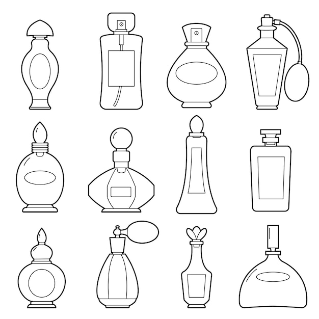 Vector establecer botellas de perfume sobre un fondo blanco contorno en blanco y negro elementos de diseño de ilustración