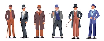 Establecer caballeros victorianos ingleses, aristócratas, hombres del siglo xix aislado sobre fondo blanco. los personajes masculinos usan ropa vintage, trajes elegantes, sombreros y anteojos. vectorial de dibujos animados | Vector Premium