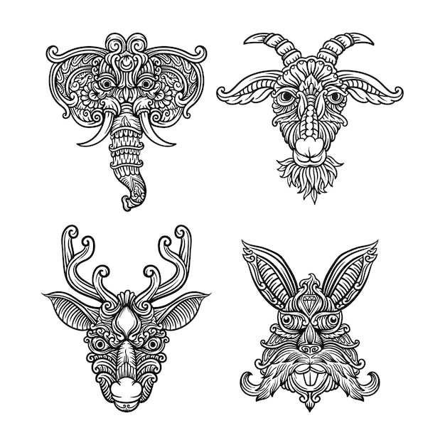 Establecer la cabeza de un mandala indio ornamental de dibujo en blanco y negro de animales