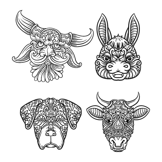 Establecer la cabeza de un mandala indio ornamental de dibujo en blanco y negro de animales