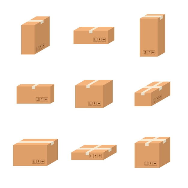 Establecer cajas de cartón de entrega de cartón de diferentes tamaños aislado sobre fondo blanco. Paquete de cajas de cartón con manipulación de iconos de embalaje. Caja de paquete cerrada, cajas de papel de paquete en estilo plano.