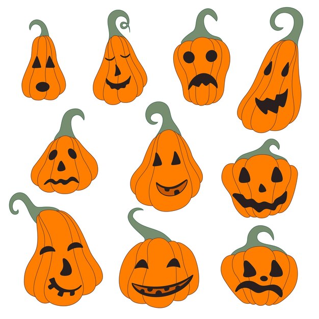 Establecer calabazas de halloween en personajes de fondo blanco para felices vacaciones de halloween verduras naranjas