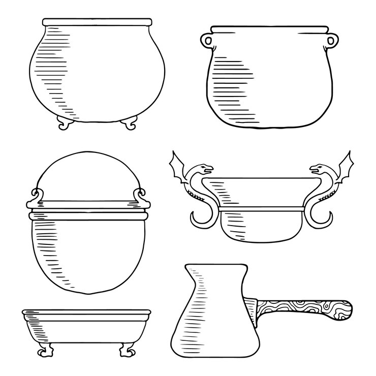 Vector establecer calderas de brujas y vajilla con diferentes adornos vector doodle sketch