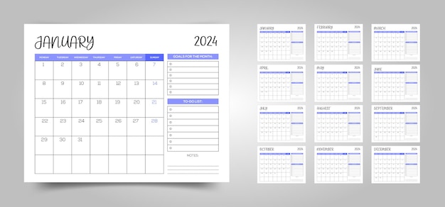 Vector establecer calendario 2024 con diseño moderno