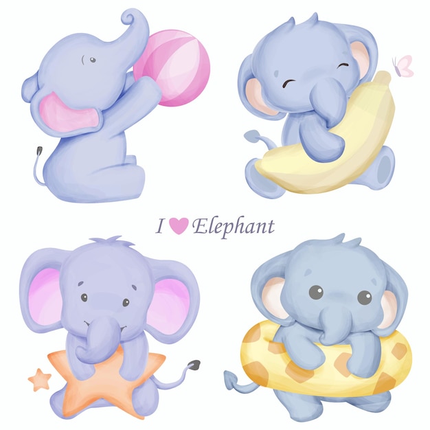 Vector establecer carácter elefante animal lindo con ilustración acuarela