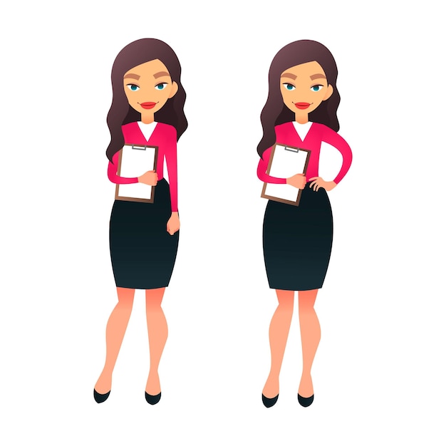 Establecer carácter empresaria en varias poses vector de dibujos animados secretaria o profesor en diferentes workin ...