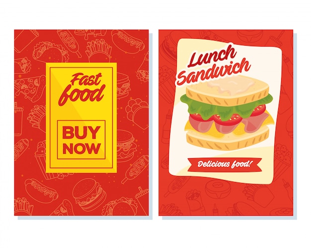Vector establecer cartel comida rápida comprar ahora y sandwich