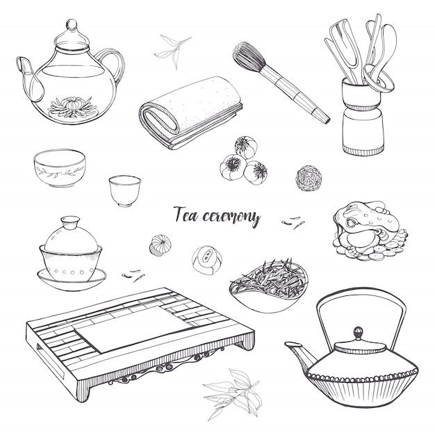 Establecer la ceremonia del té con varias herramientas tradicionales. Tetera, cuencos, gaiwan. Ilustración de contorno dibujado a mano.