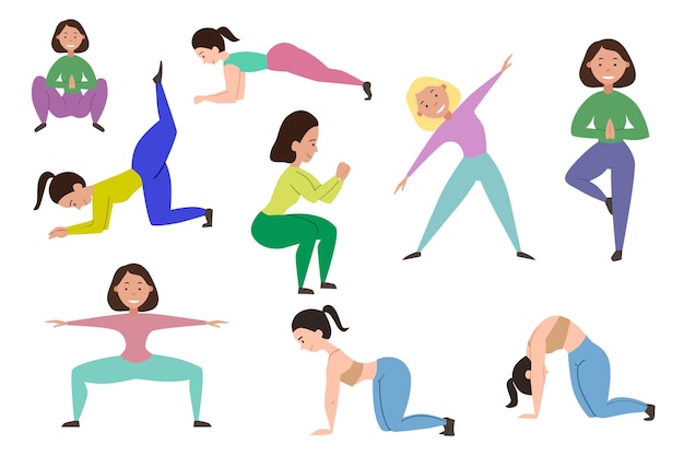 Establecer chicas deportivas que practican deportes. Diferentes posturas de yoga. Ilustración de vector sobre fondo blanco aislado.