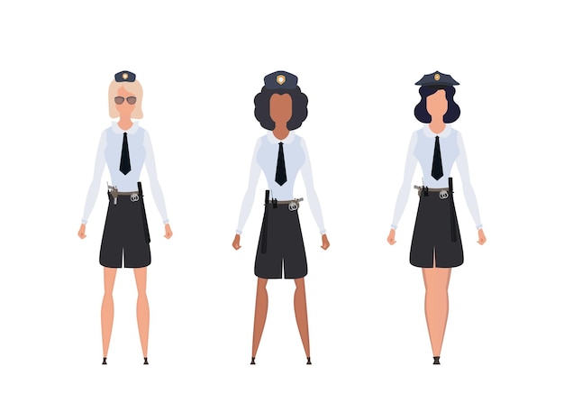 Establecer chicas guapas oficial de policía en uniforme ilustración vectorial aislado sobre fondo blanco.