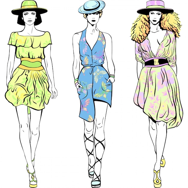Establecer chicas de moda en vestidos de verano y sombreros ilustración