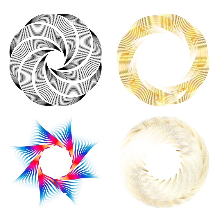 Vector establecer círculo de elementos de diseño anillo de oro de colores vectoriales en negrita aislado de rayas onduladas de brillo abstracto de muchos remolinos brillantes creados con la ilustración de vector de herramienta de mezcla eps10 para su presentación
