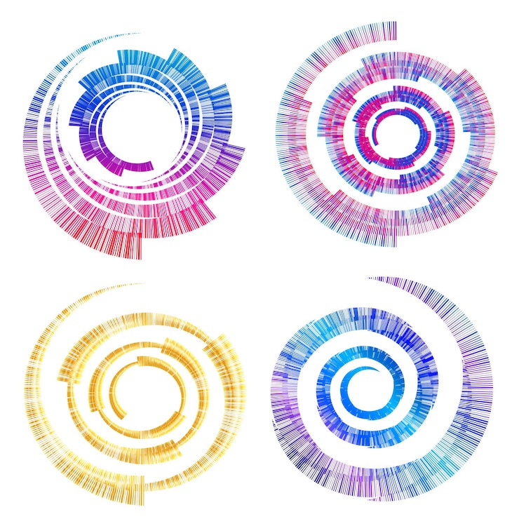 Vector establecer círculo de elementos de diseño anillo de oro de colores vectoriales en negrita aislado de rayas onduladas de brillo abstracto de muchos remolinos brillantes creados con la ilustración de vector de herramienta de mezcla eps10 para su presentación
